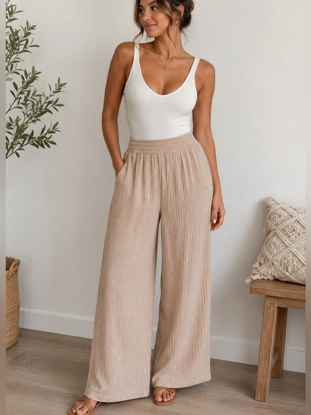 DAZY Beige Crinkle Wide-Leg Pull-On Pants Size S/M Lightweight Beach Vacation